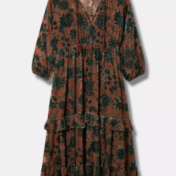 Torrid Velvet Burnout Ruffle Dress, Green/Tan, Size 3 (3X, 22/24) - Picture 3 of 11